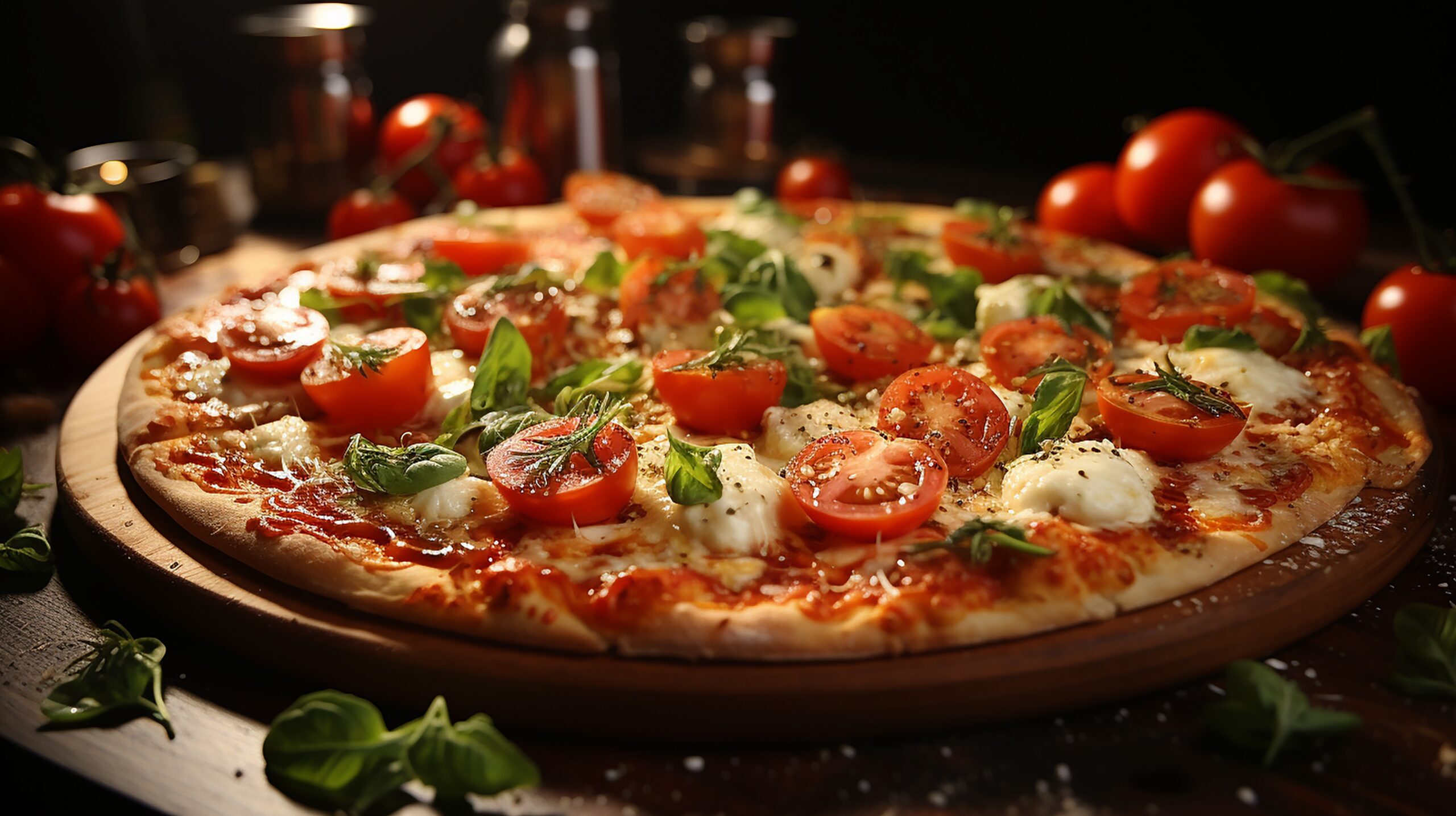 Delicious pizza with mozzarella cheese and tomatoes on clean background